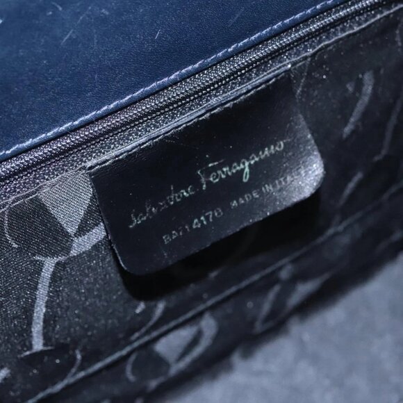 Salvatore Ferragamo Vala Hand Bag Leather 2way Navy Gold Auth - Picture 14 of 16